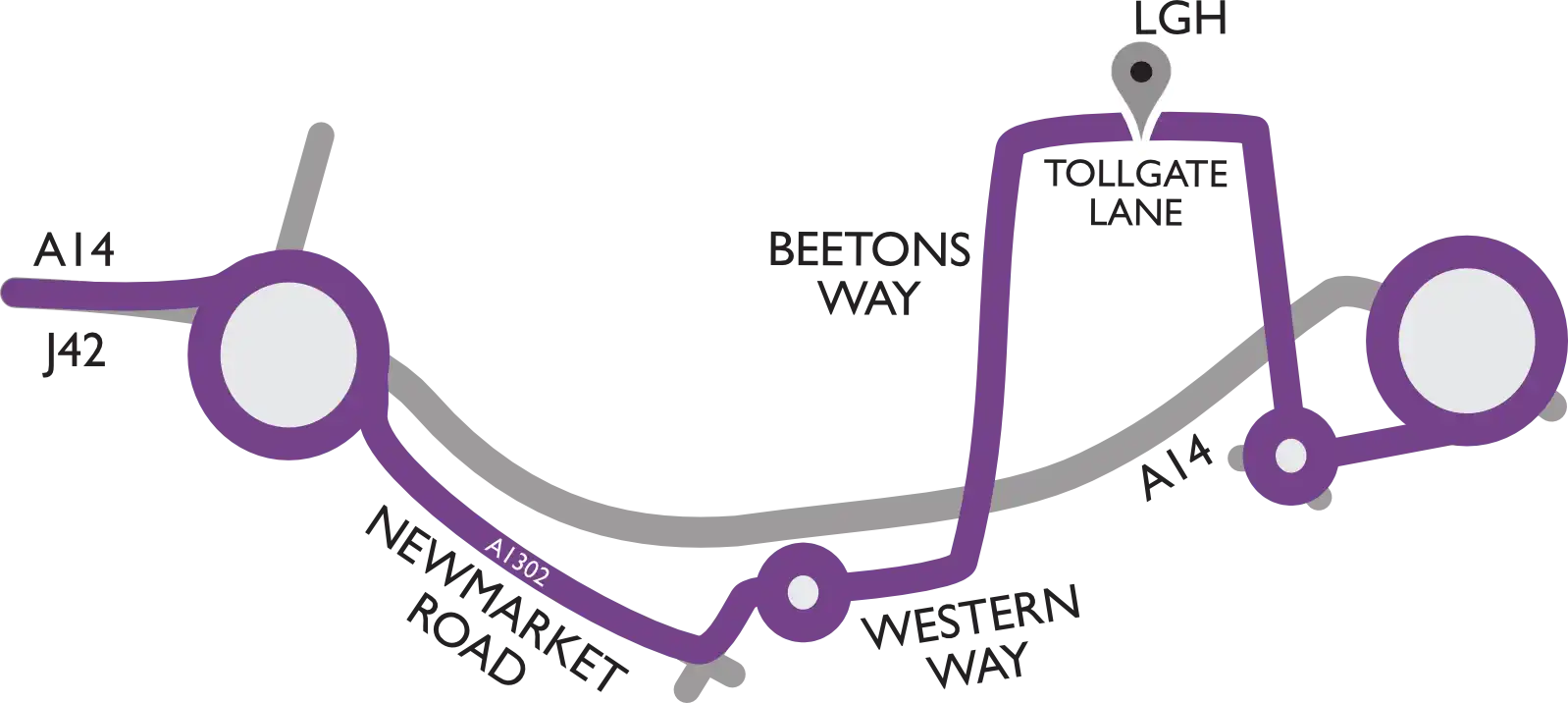 Map of the hall, showing routes in from the A14.